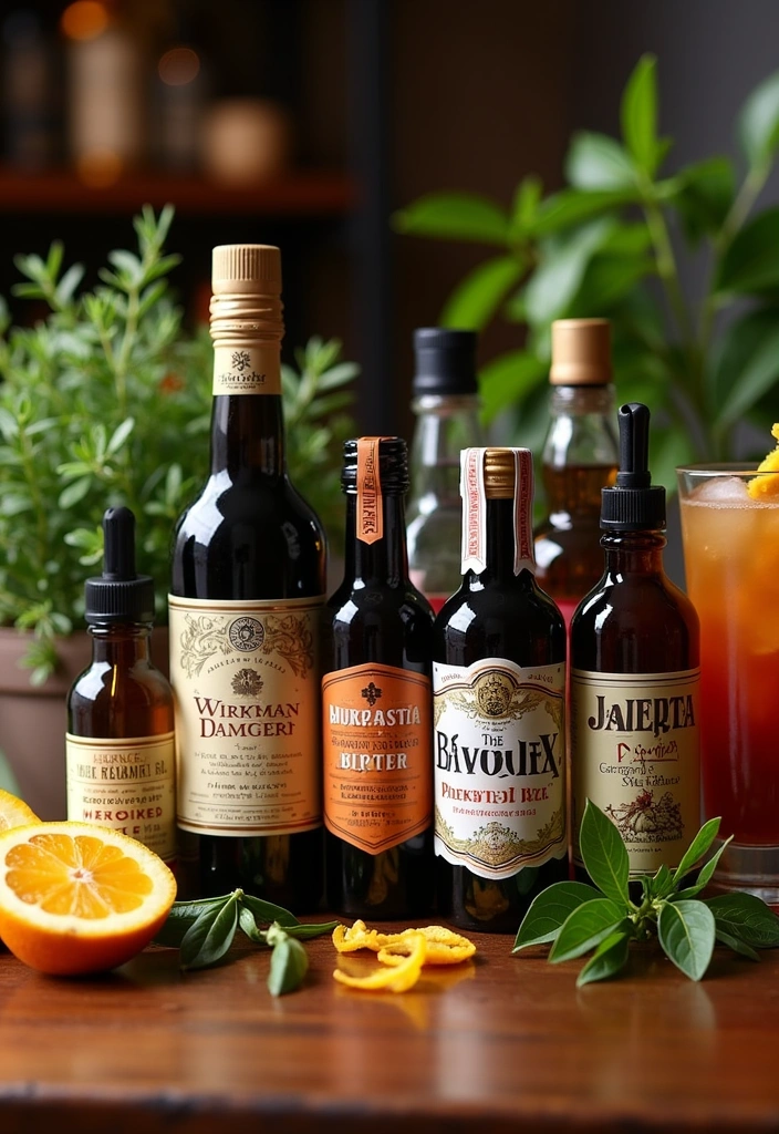 Various bottles of cocktail bitters arranged together, showing different flavors and brands