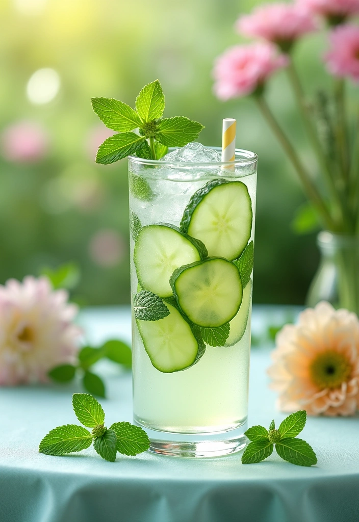 A light green cucumber mint cooler served in a tall glass with cucumber slices, mint sprigs, and ice