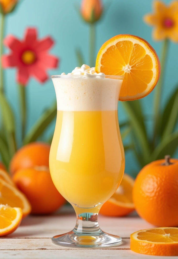 A creamy orange creamsicle cocktail with a vanilla bean garnish and orange zest, served in a rocks glass