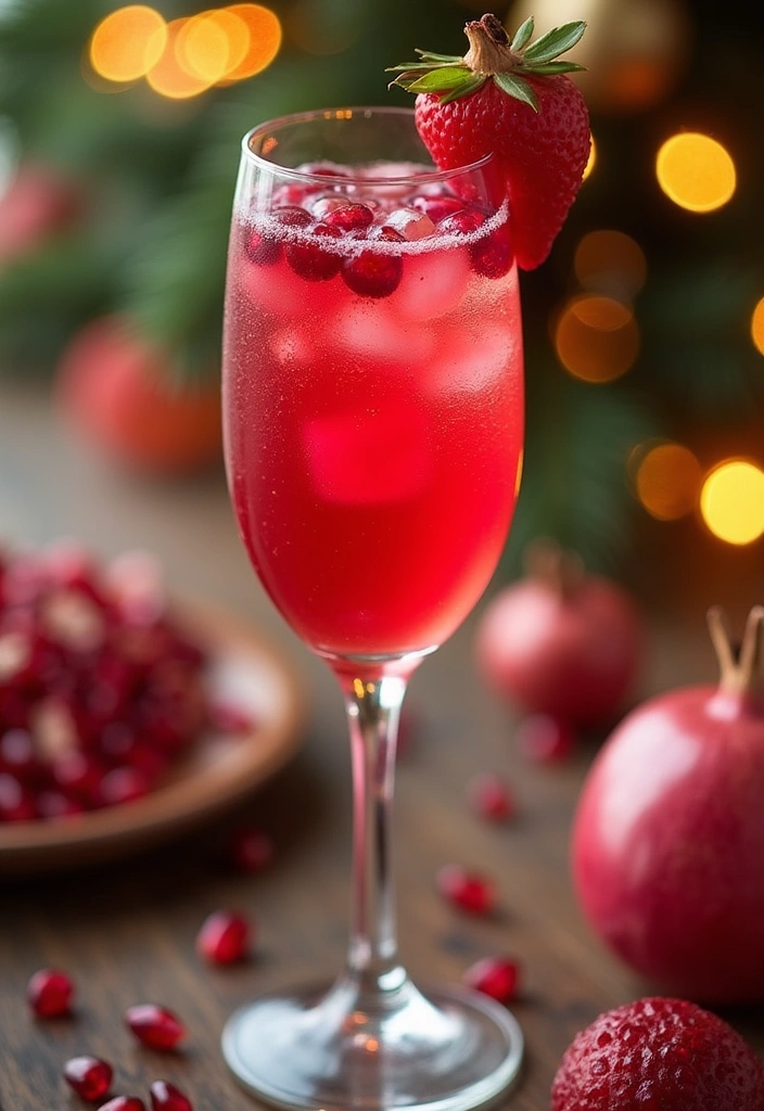 A sparkling pomegranate cocktail with floating pomegranate seeds