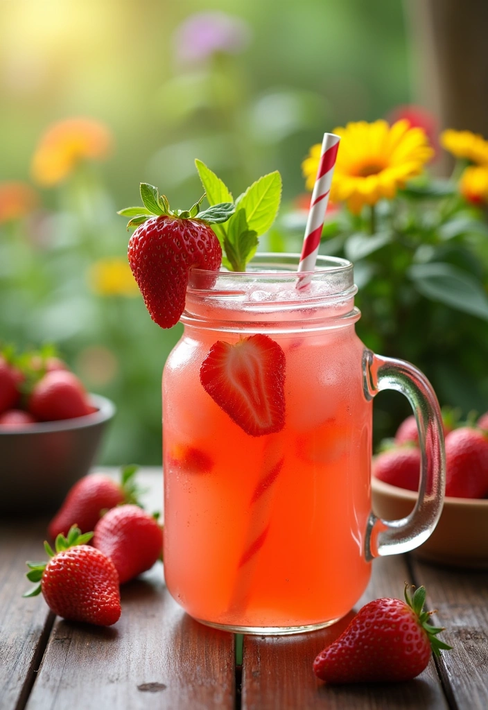 A pink strawberry basil lemonade cocktail in a mason jar with fresh strawberries, basil leaves, and a lemon wheel