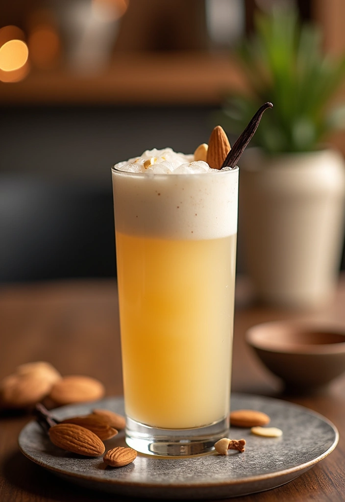A creamy white vanilla almond fizz cocktail topped with club soda and garnished with toasted almonds and a vanilla bean